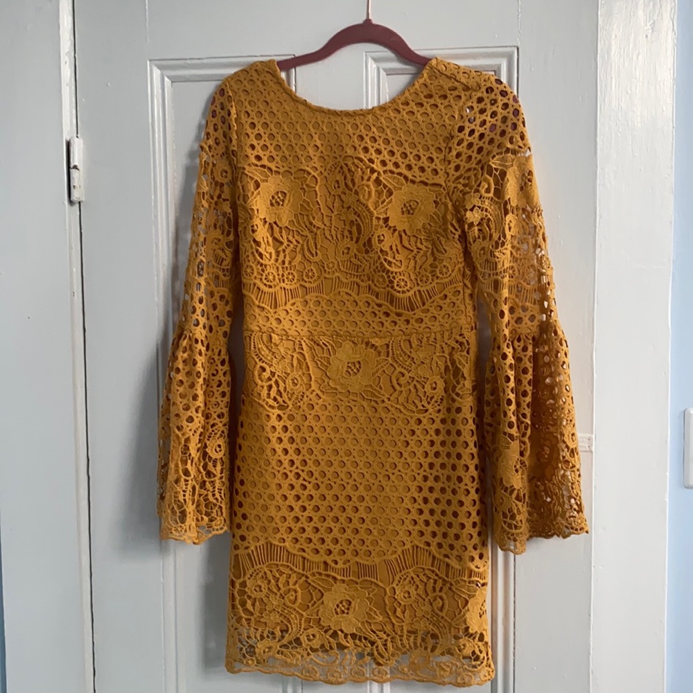 Mustard lace bell sleeve cocktail dress NWT
